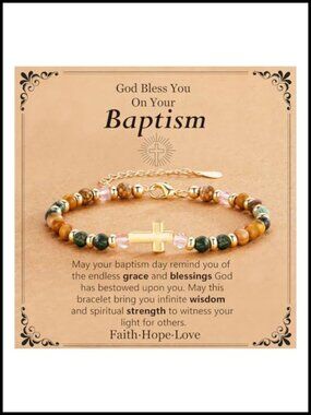 14K Gold Plated Cross Bracelet Women Christian Baptism Gift Natural Stone